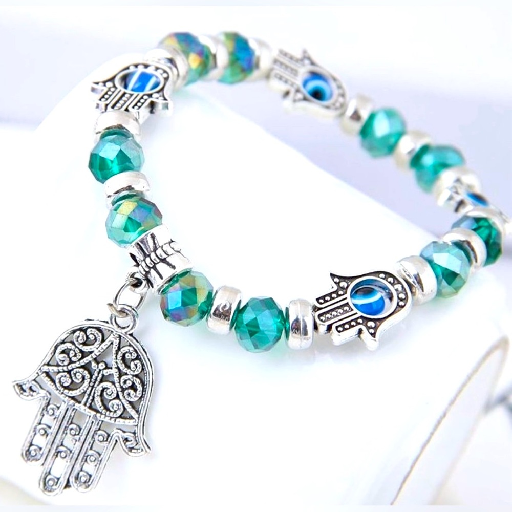 New Silver Tone Hand of God/Evil Eye green crystal bracelet